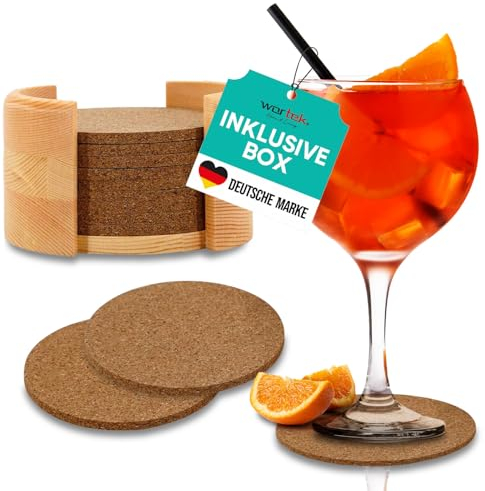 wortek Untersetzer Gläser Korkuntersetzer rund – 10er Set Kork Untersetzer 10cm Korkplatte – hitzebeständige Tischuntersetzer Tassenuntersetzer Glasuntersetzer Kork – Inkl. Aufbewahrungsbox aus Holz