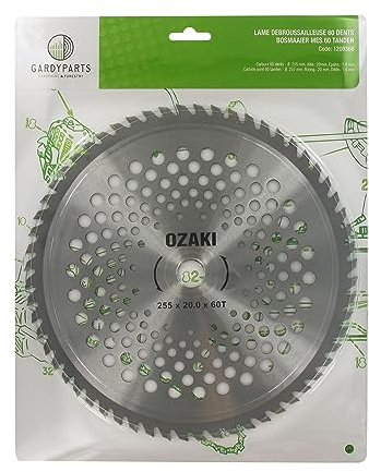 OZAKI - Lame pour Débrousailleuse - 60 Dents à Pointe Carbure - Largeur de Coupe : 255 mm - Alésage : 25,4 mm - Épaisseur 1,4 mm