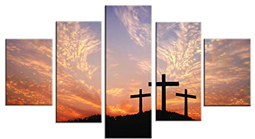 ZHONGYUTONG 5 Stück Christian Kreuz Sonnenuntergang Leinwand Wandbild Religiöse Gemälde Kunstdruck Poster für Wohnzimmer Heimdekoration (100x55cm, Kein Rahmen)