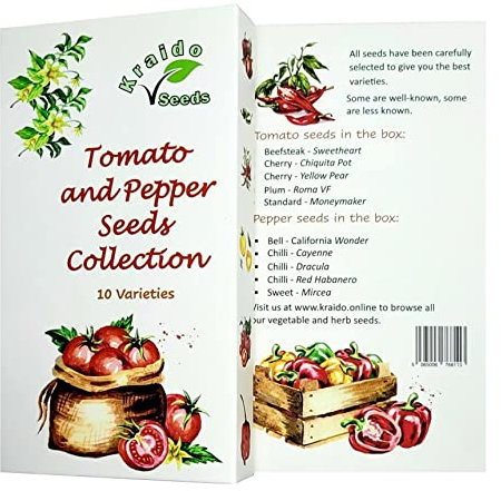 1. Tomato Seeds and Pepper Seeds Set Collection 10 Varieties – Chilli, Bell and Sweet Pepper, Cherry, Plum and Beefsteak Tomatoes, 700+ Seeds to Grow Your Own Vegetables - Variety Pack