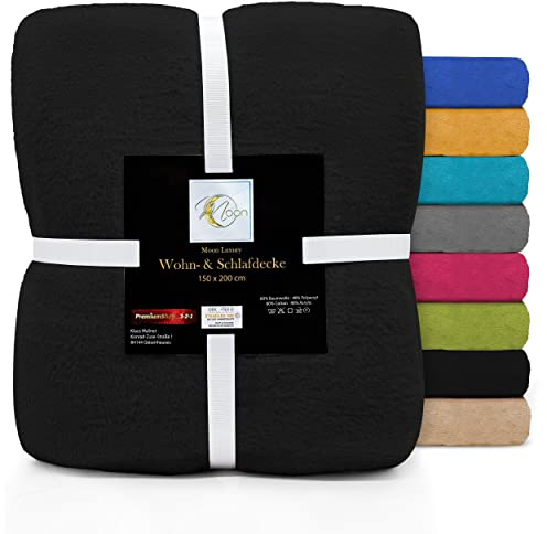 Moon Luxury Kuscheldecke, Wohndecke, Uni Decke aus Baumwoll-Mix (60%/40%) ca. 150x200 cm mit geketteltem Rand (schwarz)