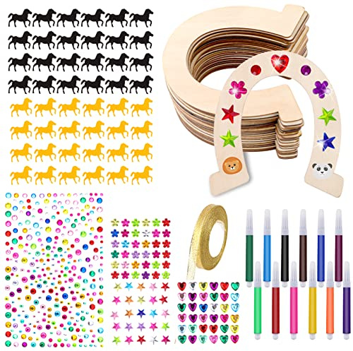 Weysoo 240 Stück Hufeisen Holz Hufeisen Kindergeburtstag mit Pferd Konfetti/Aquarellstift/Aufkleber/Glitzerbänder Glattes Hufeisen Holz zum Bemalen Scheiben Hufeisen für Kinder Party Geburtstag Deko D