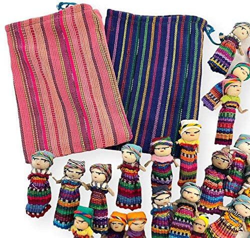 Juego de 20 muñecas guatemaltecas hechas a mano con 2 coloridas bolsas de almacenamiento hechas a mano, muñecas de preocupación para niñas, muñecas de preocupación para niños, muñecas de ansiedad