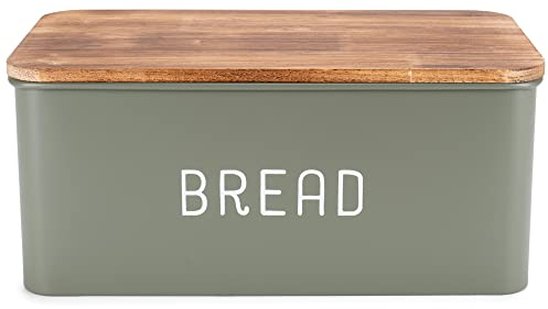 Nat & Jules Matte Green 12 x 7 Metal Enamel Rubber Wood Lidded Bread Box