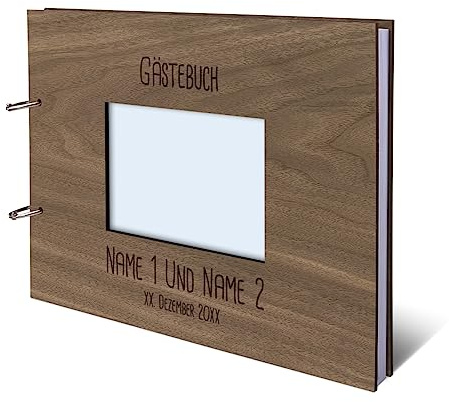 Personalisiertes Hochzeit Gästebuch echtes Holz DIN A4 mit Platz für Foto auf der ersten Seite - Rechteck - mit 72 Blatt / 144 Seiten Naturpapier Weiß
