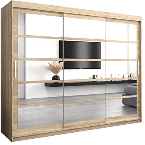 Kryspol Schwebetürenschrank Roma 2 250 cm mit Spiegel Kleiderschrank mit Kleiderstange und Einlegeboden Schlafzimmer- Wohnzimmerschrank Schiebetüren (Sonoma)