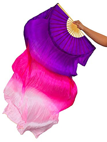 TMZAQH Damen 1 Stück rechte Hand Echte Seide Lange Bauchtanz Fan Schleier 150 x 90 (lila rosa rosa)