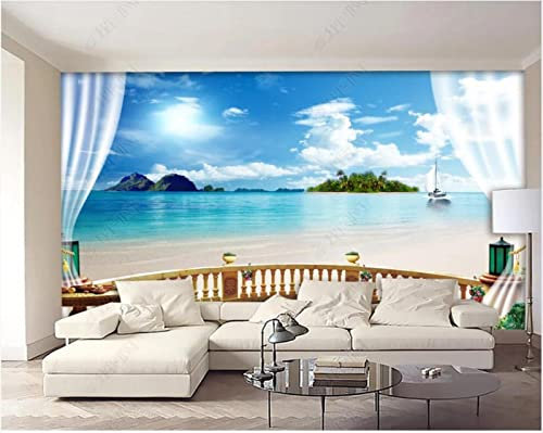 Decorazione da muro moderna Tenda da balcone Cielo blu Nuvola bianca Vista mare Carta da parati, 200 * 140 cm bambini soggiorno fotomurali poster gigante wallpaper