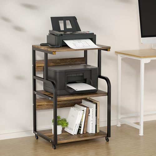 URLINE Großer Druckerständer mit 3-stöckigen Holzregalen, Mehrzweck-Schreibtisch-Organizer für Drucker, Scanner, Fax, Heimbüro mit Rädern, Rustikales Braun