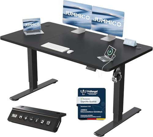 JUMMICO Scrivania Regolabile In Altezza Elettrica,140 x 60 cm,Pannello 6 Tasti Con 4 Memorie Di Altezza E Porta USB, Scrivania Da Computer Nero,Avviso Di Pausa Per Sedentarietà