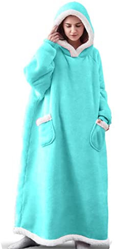 DANETI Decke Super Lange Flanell Decke mit Ärmeln Winter Hoodies Sweatshirt Damen Herren Pullover Fleece 120CM LakeBlue