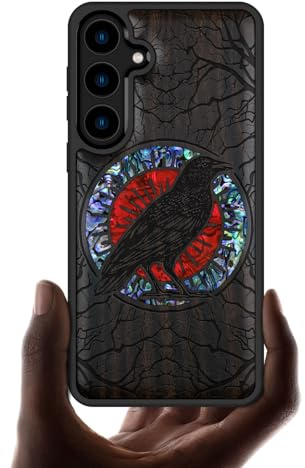 Carveit Designer Wooden Case for Samsung Galaxy S24 [Wood Engraving & Shell Inlay] Compatible with Wireless Chargers S24 Case (The Haloed Crow-Blackwood)