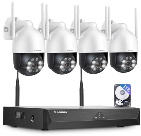 Jennov 【5MP+360°PTZ】 Wireless Security Camera System, 10CH NVR CCTV Camera System with 1TB HDD, 4PCS PTZ Security Cameras, Human Detection, Color Night Vision, Auto Tacking, Two Way Audio