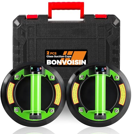 Bonvoisin Electric Glass Suction Cups 160kg/350lbs for Tile/Window (GB) | 350LBS/160KG Heavy-Duty Suction, Visible Pressure Gauge, 2x2000mAh Batteries, 2-Pack Set, One-Button Hands-Free Operation