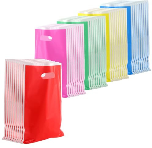 ASelected 100 PCS Colorful Party Bag, 16x25cm Plastic Small Party Bags 5 Colors, Sweet Bags for Party,Gift Goodies Bags,Goodie Favor Bags with Handle for Birthday