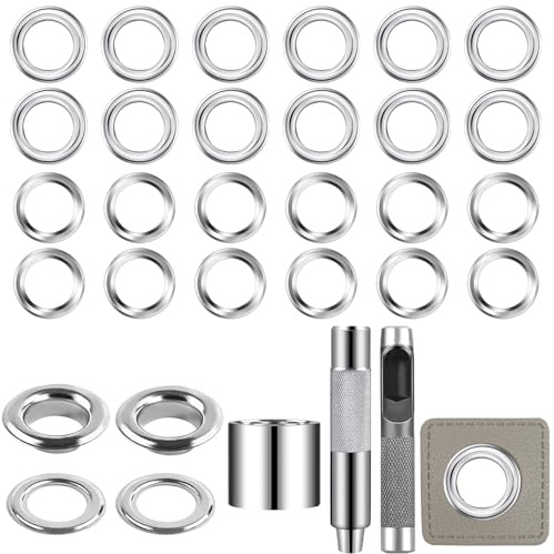 14mm Eyelet Punch Kit, Grommet Setting Tool With Hole Hollow Punch, 200 Set | Copper Grommet with Washers for Leather, Fabric, Belts, Curtain, DIY, Crafts Making (Silver)