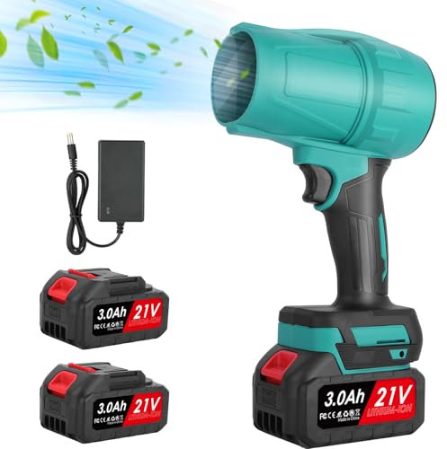 Soplador de hojas inalámbrico de 21 V, 130 km/h Mini soplador de hojas con turbocompresor, 2 baterías de 3000 mAh, para soplar nieve, quitar el polvo y mantenimiento u jardín