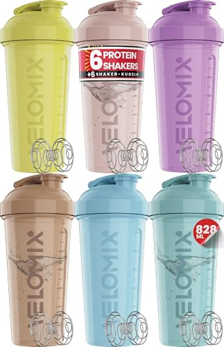 VELOMIX 6 Pack 828ml Shaker Proteinshake, Pastel Power Serie | 6x Edelstahlkugel, Auslaufsicherer Eiweiß Shaker Becher für Protein Shaker, Spülmaschinenfest, Gym und Fitness