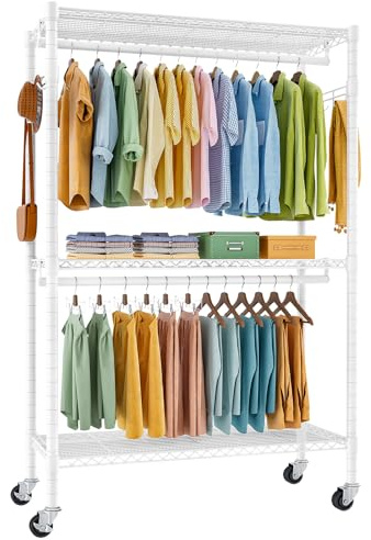 FTEYUET Kleiderständer auf Rollen, Schwerlast Kleiderständer, 45x120x205 cm | Kleiderstange, Metall Garderobenständer Kleiderbügel Kleiderschrank mit 2 Kleiderstangen und 3 Ablage, Haken