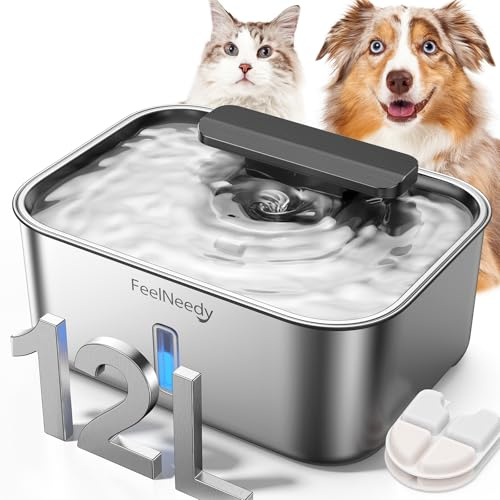 3.2Gal/12L Dog Water Fountain for Large Dogs, Stainless Steel Dog Water Bowl Dispenser with Deeper & Wider Drinking Area, FEELNEEDY Automatic Pet Fountain with Window & LED Light