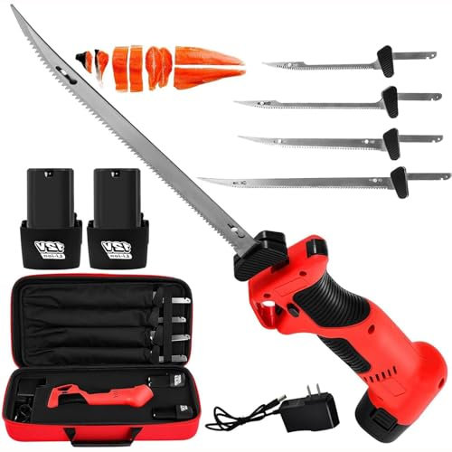 Cuchillo for filete de pescado recargable Cuchillo for filete eléctrico con 4 cuchillas antiadherentes recubiertas de nitruro Ti SS y 2 baterías,cuchillo for filete inalámbrico con estuche transporte