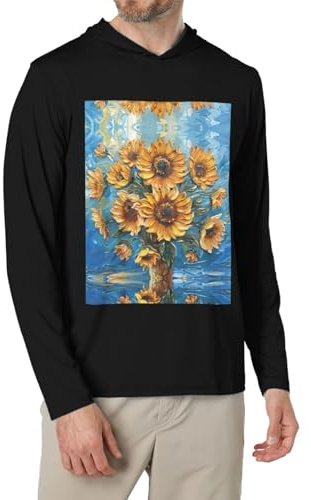 Peinture à l'huile tournesol Imprimer Chemises pour hommes à manches longues Hoodies Mode Tee-shirts, coupe décontractée sans boutons T-Shirts, Noir , L