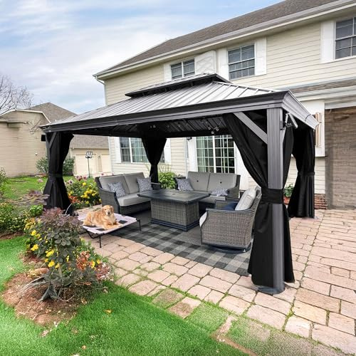 PURPLE LEAF Aluminium Pavillon 3.65 x 4.85 m mit Moskitonetz und Vorhänge Pavillon mit Doppeltes Stahldach Gartenpavillon Wetterfest, Hellgrau