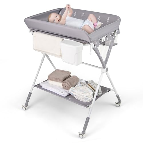 DREAMADE Wickeltisch Klappbar, Tragbare Wickelstation Baby mit Wasserbecken, Aufbewahrungskorb, Sicherheitsgurt und Räder, Wickelkommode Höhenverstellbar (Grau)