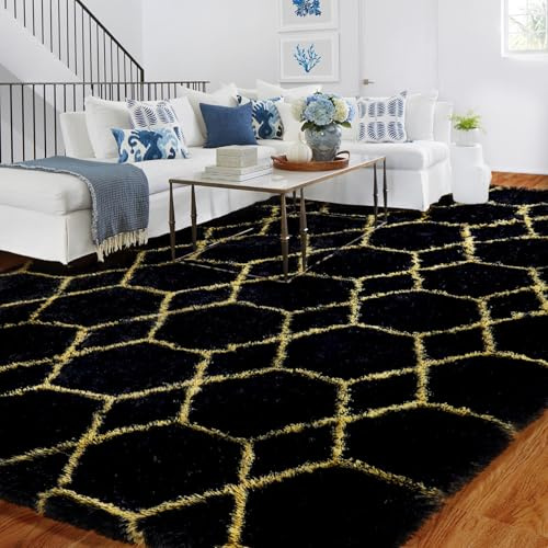 BYBSRLL Tapis à poils longs Noir et Or pour le salon 150x210 Antidérapant Lavable Grand Doux Flannel Chambre à Coucher pour Fille et Garçon, Tapis à poils longs pour Lit