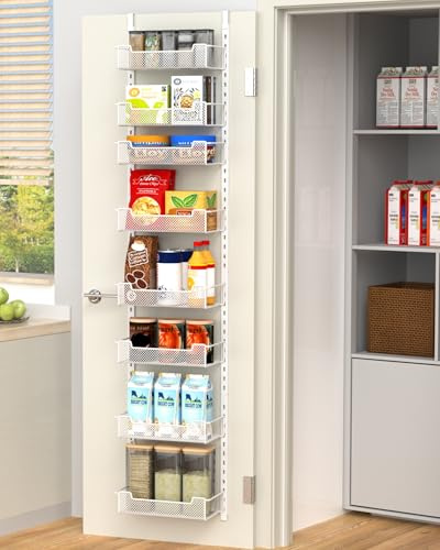 VyGrow 12.3 W Over Door Storage, 8-Tier Narrow Over The Door Storage with Adjustable Basket, Pantry Kitchen Storage Room Spice Rack, White