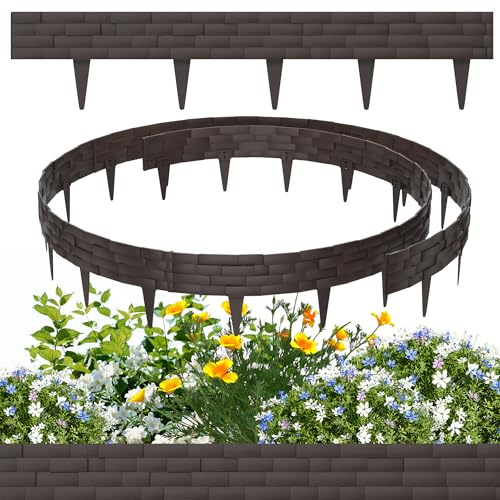 HENGMEI Lot de 5 bordures de pelouse en plastique - 5 m - Bordure de parterre en pierre artificielle - Bordure de tonte - Bordure de jardin - Marron