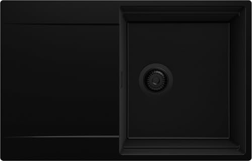 PRIMAGRAN Fregadero Cocina al Mueble 50cm + Kit de desagüe, 78x50cm | Set: Kit de desagüe (sifón, válvula, rebosadero) + San Francisco Level 1 Seno Granito, Todo Negro