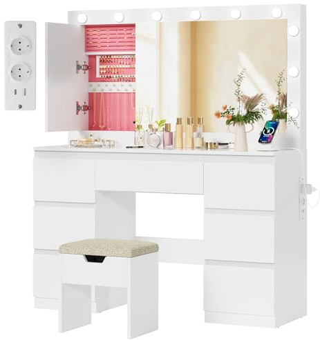 TRIUMPHKEY Schminktisch mit Große Spiege und LED-Beleuchtung,120x40x140cm,Frisiertisch mit 7 Schubladen,Hocker,Steckdose,Schmuckschrank,für das Schlafzimmer,Weiß