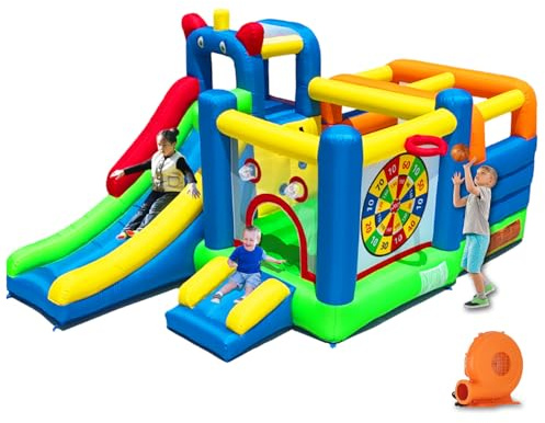 HuaKastro Bounce House - Inflatable Playground with Crossbar Obstacle on Large Bouncy Area, 1x Tall & 1x Small Slide, Giant Dart Board, Climbing Wall - for Indoor Outdoor Kids Party Family Gatherings
