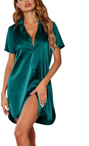 Ekouaer Sleep Shirts for Women Satin Nightgown Button Down Nightwear Plus Size Night Shirts Short Sleepwear Blue Green L