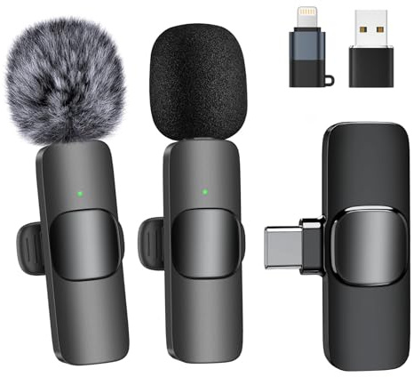 2-Pack Wireless Microphone – Mini Lapel Mics with Aux Microphone Compatibility for iPhone, Android, Computer, – Clip-on Mics for Video Recording, YouTube, TikTok, Podcasts with Noise Reduction