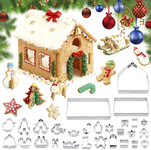 Ideal Swan 28Pcs Christmas Cookie Cutters, Stainless Steel Cookie Cutter Set, Christmas Biscuit Cutters, Gingerbread Snowman Xmas Tree Reindeer Snowflake Shape, Ginger Bread House Baking Accessories