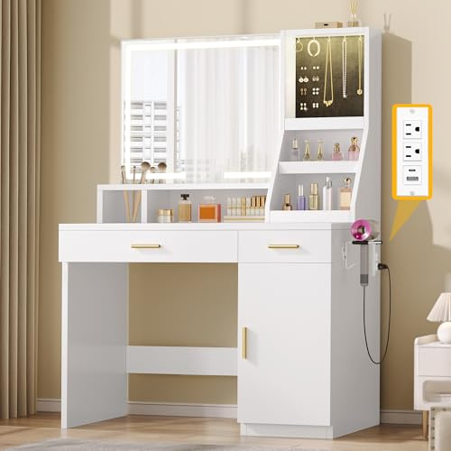 YITAHOME Vanity Desk with Mirror and Light, Makeup Vanity Set with Jewelry Organizer, Drawers, Cabinet and Lots Shelves, 3 Color Adjustable Lighting, Dressing Table for Bedroom, Dressing Room, White