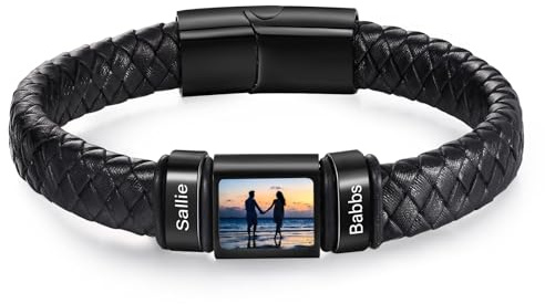 lorajewel Personalisiertes Herren Armband mit Namen Foto Leder Armband Geschenk für Männer Papa Opa Ehemann Freund