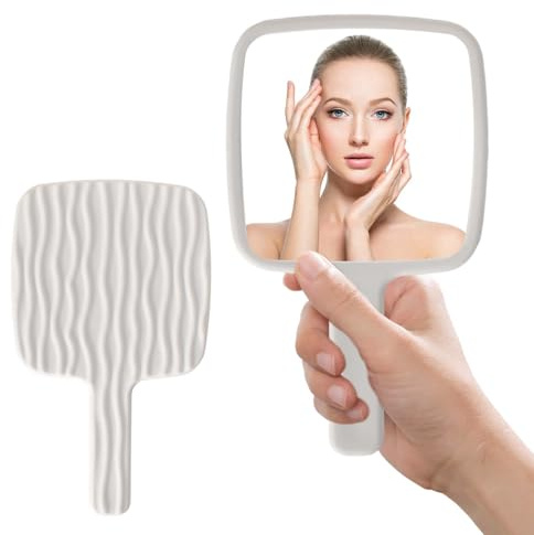 Rylae Espejo de Mano de Maquillaje Profesional, Espejo de Mano Duchab con Mango, Pequeño y Portátil, Forma Cuadrada para Maquillaje Diario Peluquería Barberos Afeitados (Blanco)