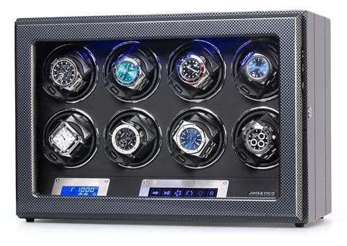DOOMOOK Caja giratoria para 8 relojes automáticos, enrollador con cerradura con cojín ajustable [actualizado], pantalla táctil LCD e iluminación integrada, Fibra de carbono.