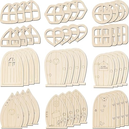 Toyvian Puertas de Hadas de Madera DIY 48 Piezas para Manualidades, Pequeñas Puertas Creativas sin Pintar para Decoración de Jardín, Ventanas Miniatura para Casa de Hadas, Accesorios