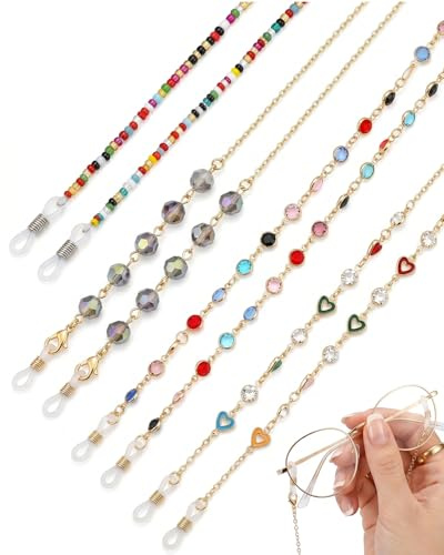 JIRVEX Set aus 4 Brillenketten für Damen, Herren und Kinder – farbige Brillenketten mit Kristallperlen, rutschfest für Brillen, Sonnenbrillen und Masken