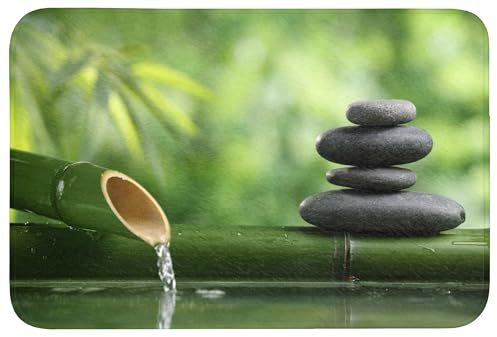 OnlyWow© Badematte Badezimmerteppich Badezimmer Deko Duschvorleger | 90x60 cm - Rechteckig - Badematten Teppich Badvorleger Rutschfest Waschbar Zen - Steine - Grün - Natur - Bambus