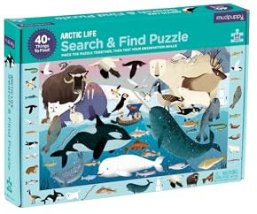 Mudpuppy Arctic Life Search & Find Puzzle, 64 Pieces, 23”x15.5” – For Kids Age 4-7 - Colorful Illustrations of Animals, Fish, Birds Living in the Arctic – Complete Puzzle to Find 40+ Hidden Images