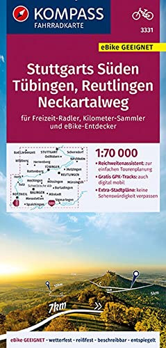KOMPASS Fahrradkarte 3331 Stuttgarts Süden, Tübingen, Reutlingen, Neckartalweg 1:70.000: reiß- und wetterfest mit Extra Stadtplänen