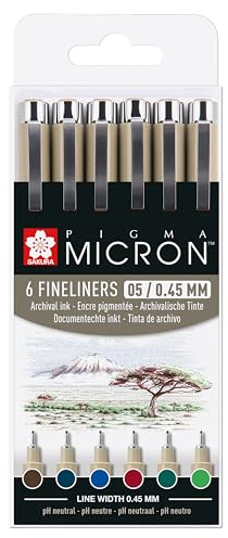 SAKURA Pigma Micron 05 Fineliner Set - Earth Colours - 6 Stylos 0.45 mm Waterproof - Professional Drawing & Illustration