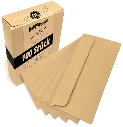 Japun - Briefumschläge (100 Stück) DIN lang, 220 x 110 mm, hellbraun | Kuvert aus 80 g/m² Papier, langer Umschlag mit Nassklebung ohne Fenster für Einladungen zum Beschriften und Bedrucken