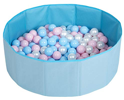 Selonis Faltbare Bällebad Mit 100 Bälle Für Kinder Spielbad, Blau:Babyblau/Puderrosa/Perle