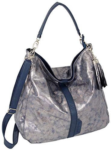 JENNIFER JONES - Große modische Damen Handtasche, Umhängetasche mit Schultergurt Hobo-Bag elegante Farben Blau Metallic